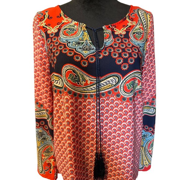 💖West Kei Women's Boho Paisley Tunic Top - Red/Navy Pattern Long Sleeve Tassel - Picture 2 of 8